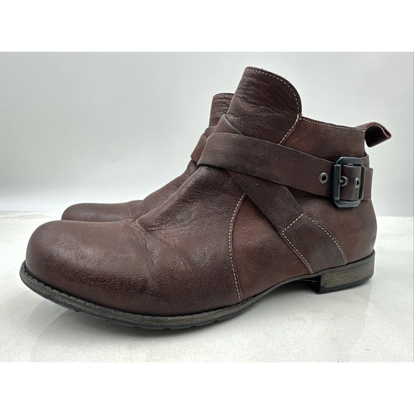 Think! Boots Womens Sz 7.5 Wechsel Fussbett Ankle Buckle Bootie Brown Leather - Picture 1 of 12